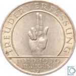 Weimar 3 Mark 1929 F, Schwurhand Hindenburg, J.340, Silber