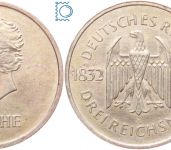 Weimar 3 Mark 1932 A, Johann Wolfgang von Goethe 100. Todestag, J.350, Silber