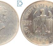 Weimar 3 Mark 1932 G, Johann Wolfgang von Goethe 100. Todestag, J.350, Silber