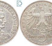 5 DM - Friedrich von Schiller 1955 F - Silber Gedenkmünze - Jäger 389