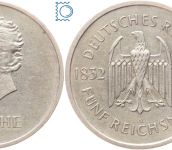 Weimar 5 Mark 1932 A, Johann Wolfgang von Goethe 100. Todestag, J.351, Silber