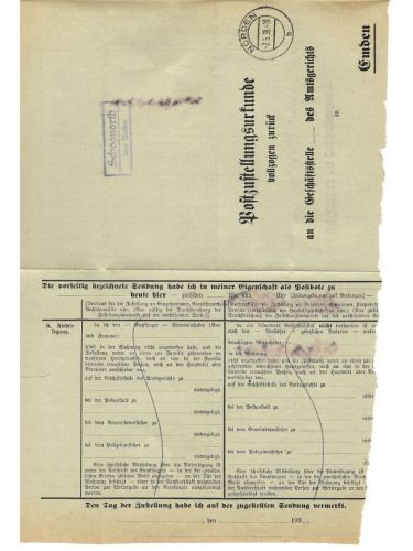 Landpoststempel Schoonorth über Norden auf PZU vom 7.5.38