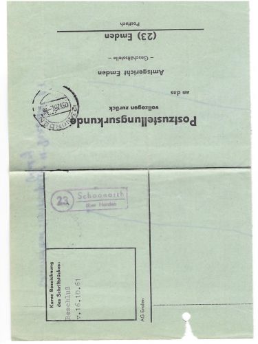 Landpoststempel 23 Schoonorth über Norden auf PZU vom 5.12.61