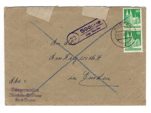 Landpoststempel 23 Südarle über Norden auf Brief vom 13.11.48
