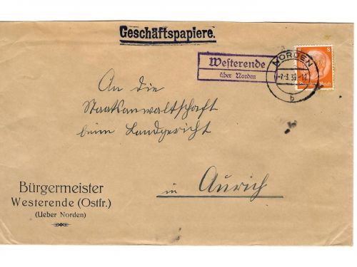 Landpoststempel Westerende über Norden auf Brief vom 7.3.39