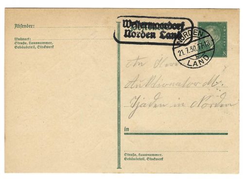 Landpoststempel Westermoordorf Norden Land auf Ganzsache vom 21.7.30