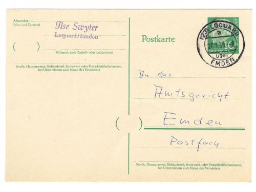 Landpoststempel 23 Loquard über Emden auf Ganzsache vom 27.1.59