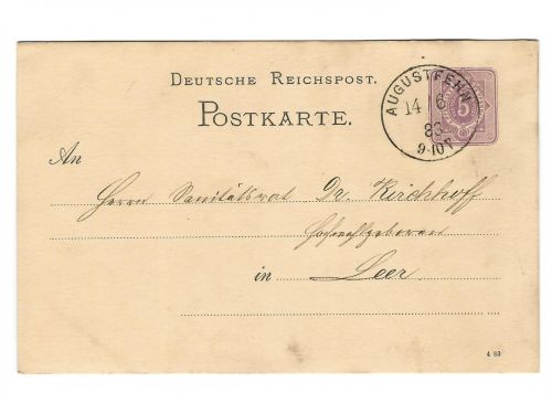Landpoststempel Augustfehn auf Ganzsache vom 14.6.1883