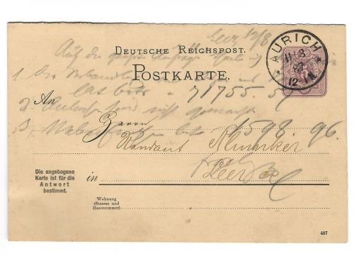 Poststempel Aurich auf Ganzsache vom 11.8.1887