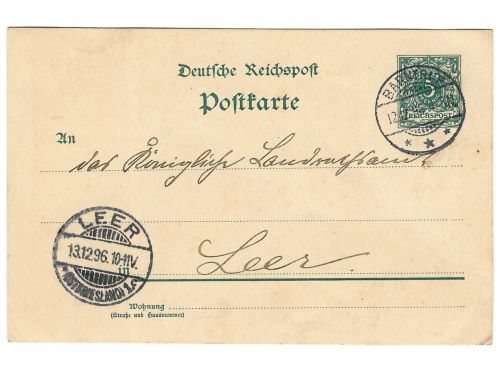Poststempel Barntrup mit Eingangsstempel Leer auf Ganzsache vom 12.12.1896
