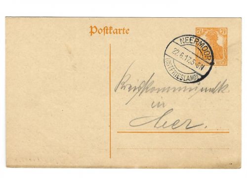 Poststempel Neermoor auf Ganzsache vom 22.6.1917