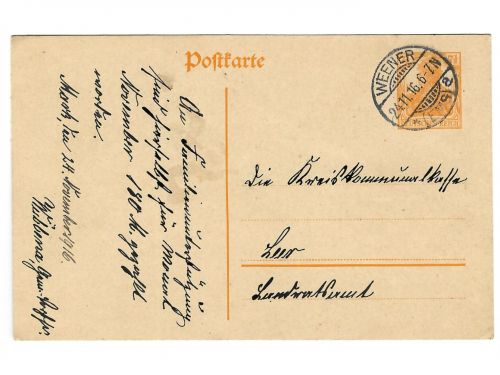 Poststempel Weener auf Ganzsache vom 24.11.1916