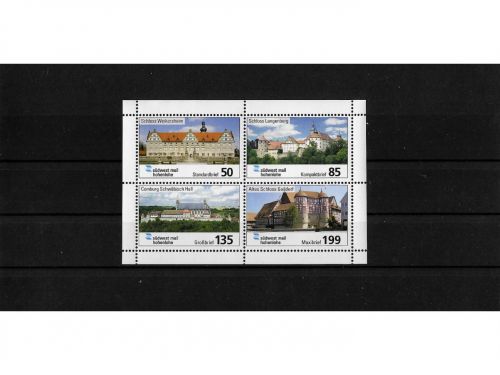 Privatpost südwest mail hohenlohe, Burgen und Schlösser, Viereblock, nasskleb.