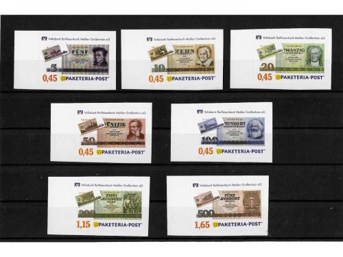Privatpost Paketeria Meißen, VR-Bank, Geldscheine DDR, 7 Werte, selbstkleb.