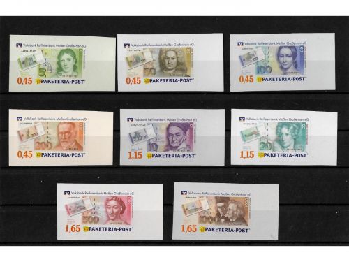 Privatpost Paketeria Meißen, VR-Bank, Geldscheine BRD, 8 Werte, selbstkleb.