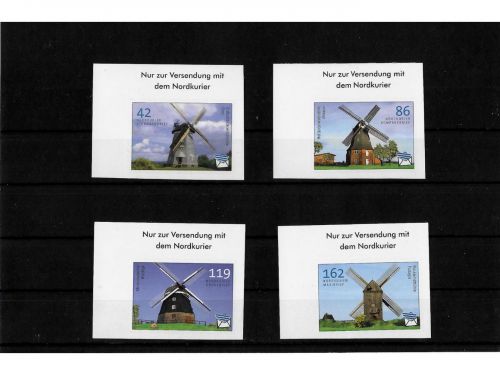 Privatpost Nordkurier, Windmühlen, 4 Werte, selbstkleb.