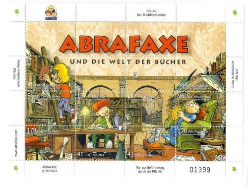 Privatpost PIN AG, ABRAFAXE - und die Welt der Bücher, Block, nasstkleb.