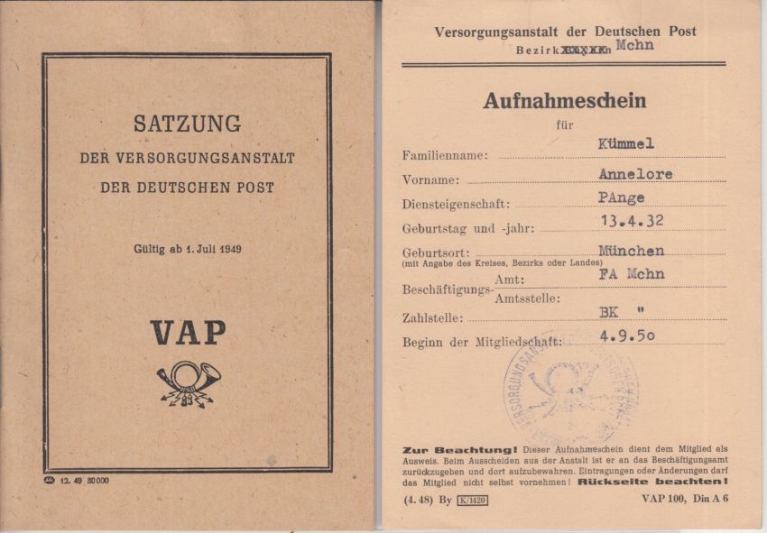 vap versorgungsanstalt post BRD - Versorgungsanstalt d. Deutschen Post VAP Satzung + Aufnahmeschein  1950