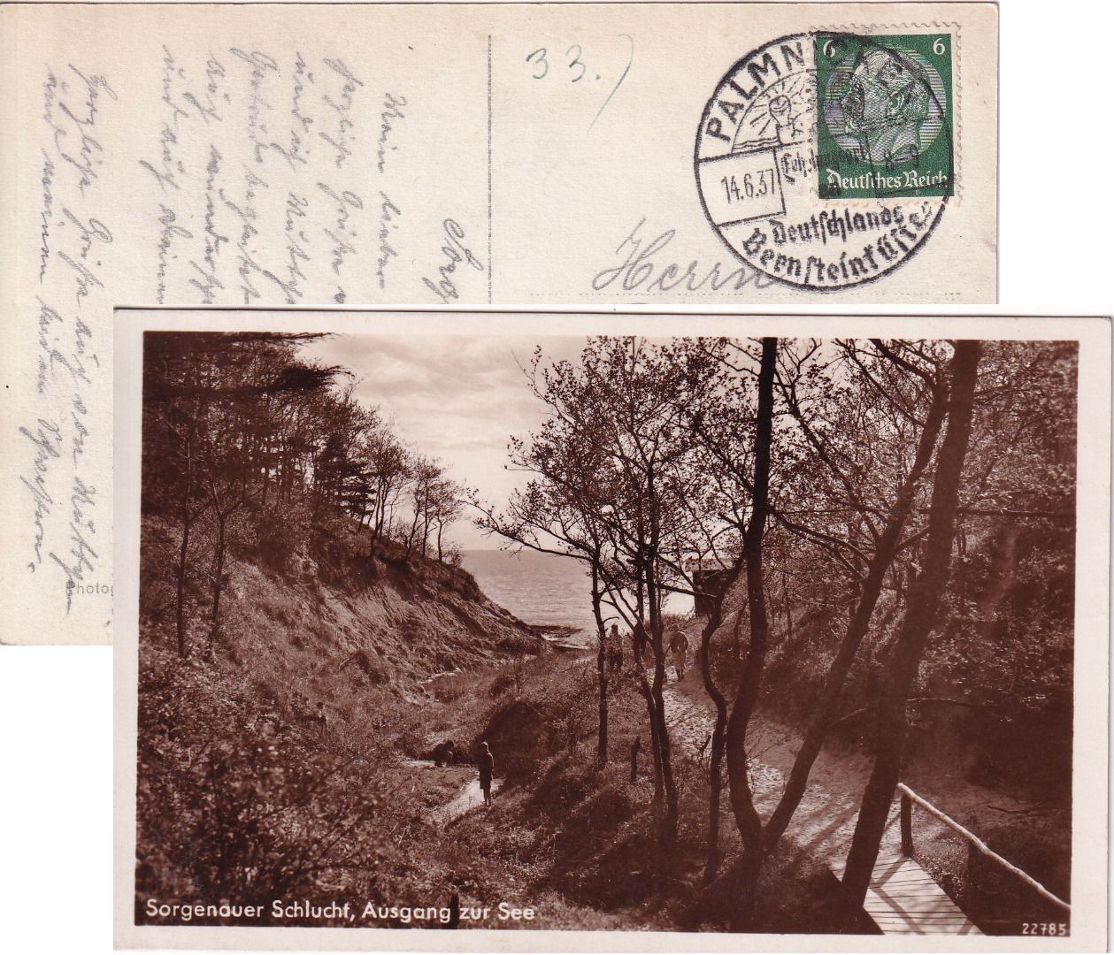 DR - Palmnicken Bernsteinküste 1937 Handwerbestempel Karte n. Bielefeld