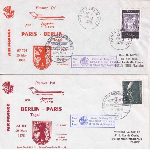 Frankreich/BRD - Air France Erstflug Berlin/Paris + retour 2 Schmuckkuverts 1976