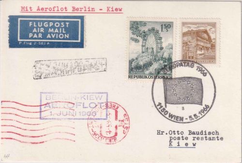Österreich - Aeroflot Erstflug Berlin Ost/Kiew Zuleitungspost SST Wien 1966