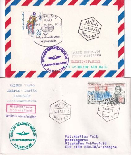Spanien/DDR - Aeroflot Erstflug Madrid/Berlin Ost + retour 2 Flugpostbelege 1982