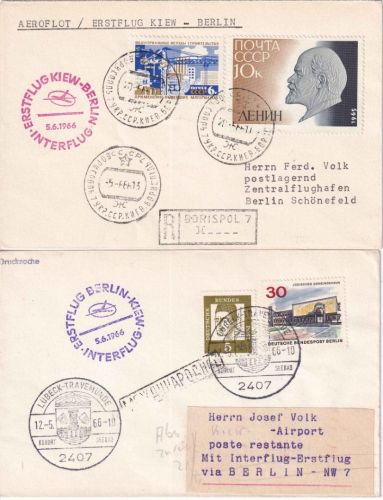 UdSSR/BRD - Interflug Erstflug Berlin/Kiew + retour 2 Luftpostbelege 1966