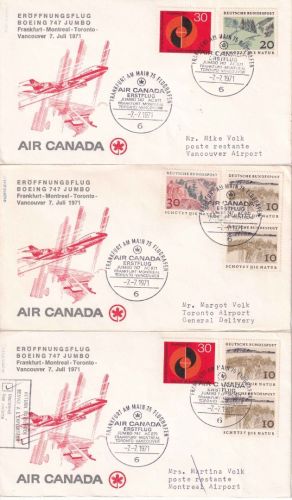 BRD - Air Canada Erstflug Frankfurt/Vancouver/Toronto/Montreal 3 Lupobriefe 1971