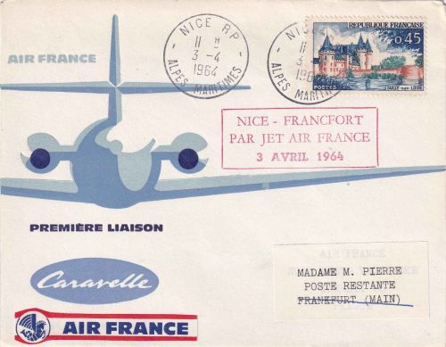 Frankreich - Air France Caravelle Erstflug Nizza/Frankfurt Schmuckkuvert 1964