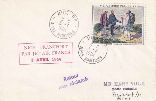 Frankreich - Air France Erstflug Nizza/Frankfurt 1964 Retourvermerk