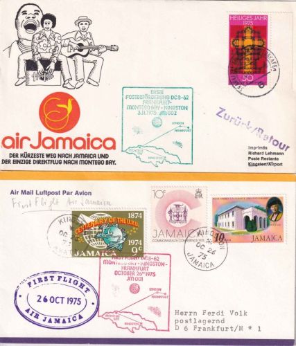 Jamaika/BRD - Air Jamaica Erstflug Kingston/Frankfurt a.M.+retour 1975 2 Belege