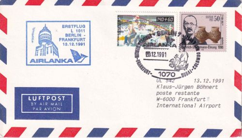 BRD - Air Lanka Erstflug Berlin/Frankfurt a.M. Luftpostbrief 1991