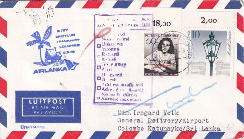 BRD - Air Lanka Erstflug Frankfurt a.M./Colombo Boing 707 Luftpostbrief 1979