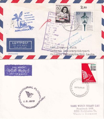 Sri Lanka/BRD - Air Lanka Erstflug Colombo/Frankfurt +retour 2 Lupobriefe 1979