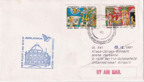 Sri Lanka - Air Lanka Erstflug Colombo/Berlin-Schönefeld Luftpostbrief 1991