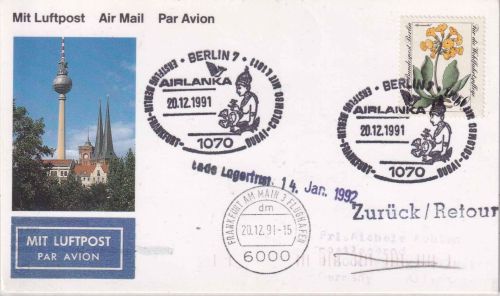 BRD - Air Lanka Erstflug Berlin/Frankfurt a.M. Luftpostbrief 1991