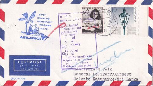 BRD - Air Lanka Erstflug Frankfurt a.M./Colombo Boing 707 Luftpostbrief 1979