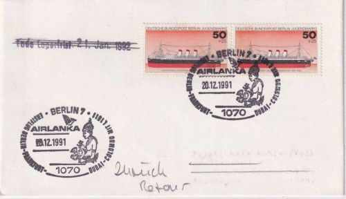 BRD - Air Lanka Erstflug Berlin/Frankfurt a.M. Luftpostbrief 1991