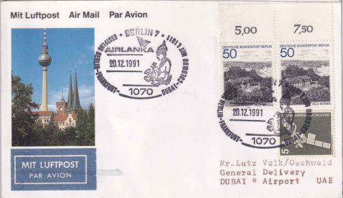 BRD - Air Lanka Erstflug Berlin/Dubai Luftpostkarte 1991