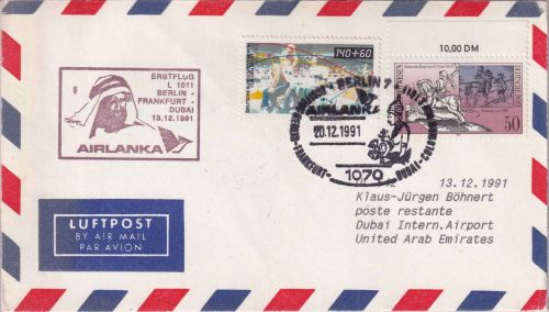 BRD - Air Lanka Erstflug Berlin/Dubai Luftpostbrief 1991