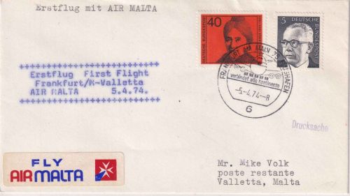 BRD - Air Malta Erstflug Frankfurt a.M./Valetta Luftpostdrucksache 1974