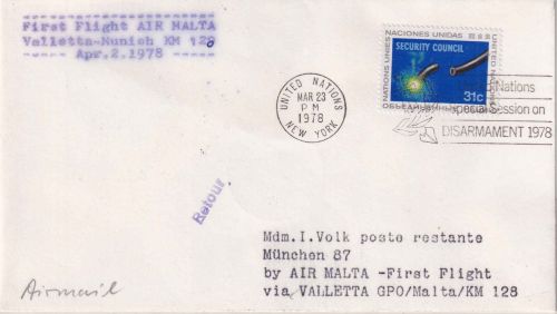 UNO New York - Air Malta Erstflug Valletta/München seltene Zuleitungspost 1978