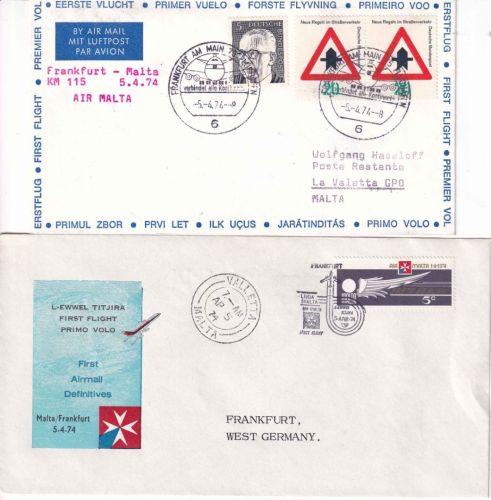 Malta/BRD - Air Malta Erstflug Valletta/Frankfurt + retour 2 Luftpostbelege 1974