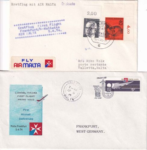 Malta/BRD - Air Malta Erstflug Valletta/Frankfurt + retour 2 Luftpostbelege 1974