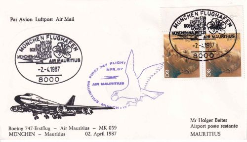 BRD - Air Mauritius Erstflug München/Port Louis Schmuckkuvert 1987