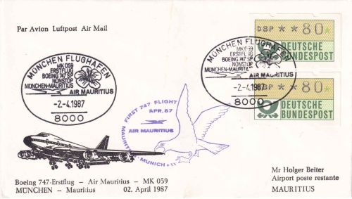 BRD - Air Mauritius Erstflug München/Port Louis Schmuckkuvert 1987