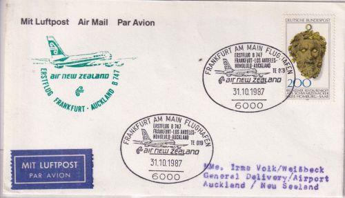 BRD - Air New Zealand Erstflug Frankfurt/Auckland Luftpostbrief 1987