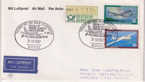 BRD - Air New Zealand Erstflug Frankfurt/Auckland Luftpostbrief 1987