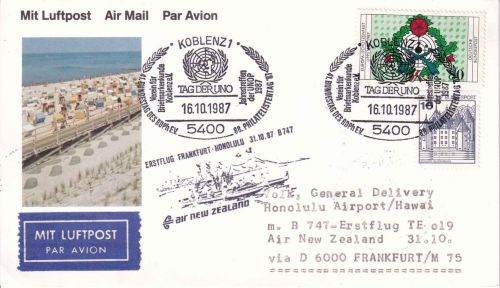 BRD - Air New Zealand Erstflug Frankfurt/Honolulu Luftpostkarte 1987