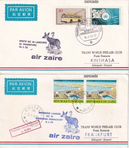Zaire/BRD - Air Zaire Erstflug Frankfurt/Kinshasa 2 Luftpostbelege 1974